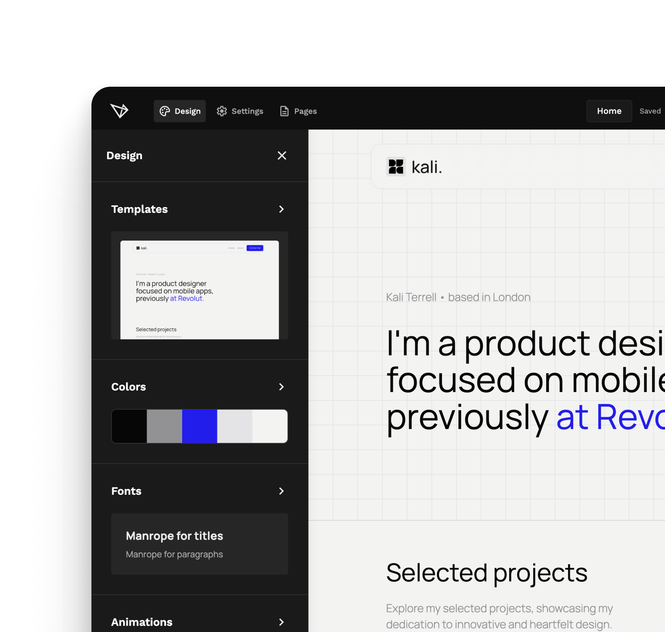 UXfolio editor with template, color, font, and animation customization settings