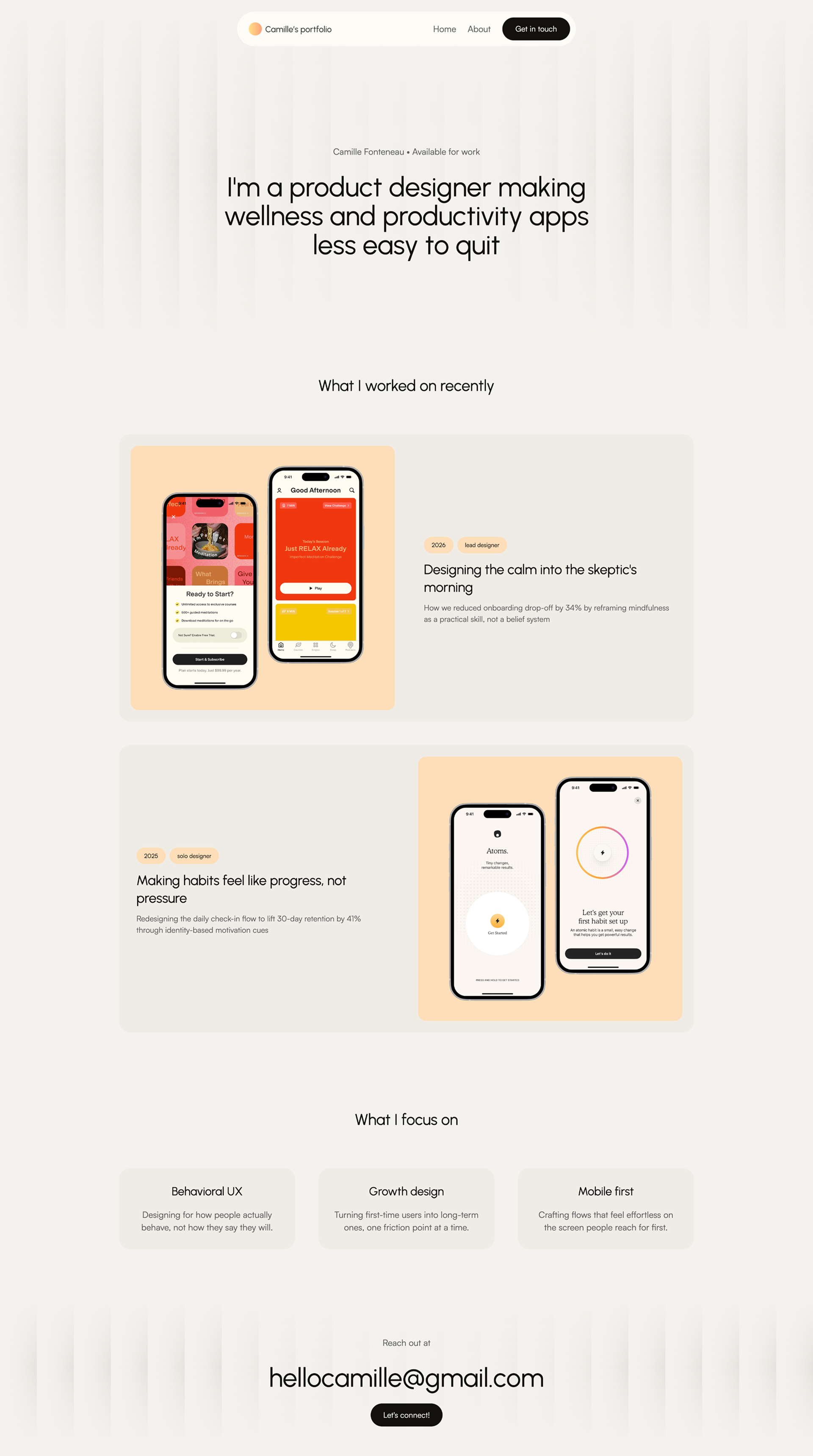 Light mode UX portfolio preview with case study cards